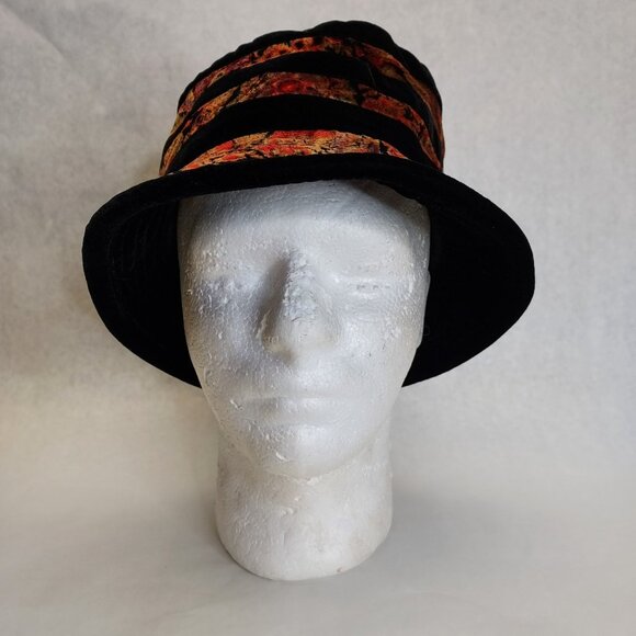 Scala Collezione Bucket Hat Women's Black Floral Stripe Velvet Velour Cloche O/S - Picture 3 of 14